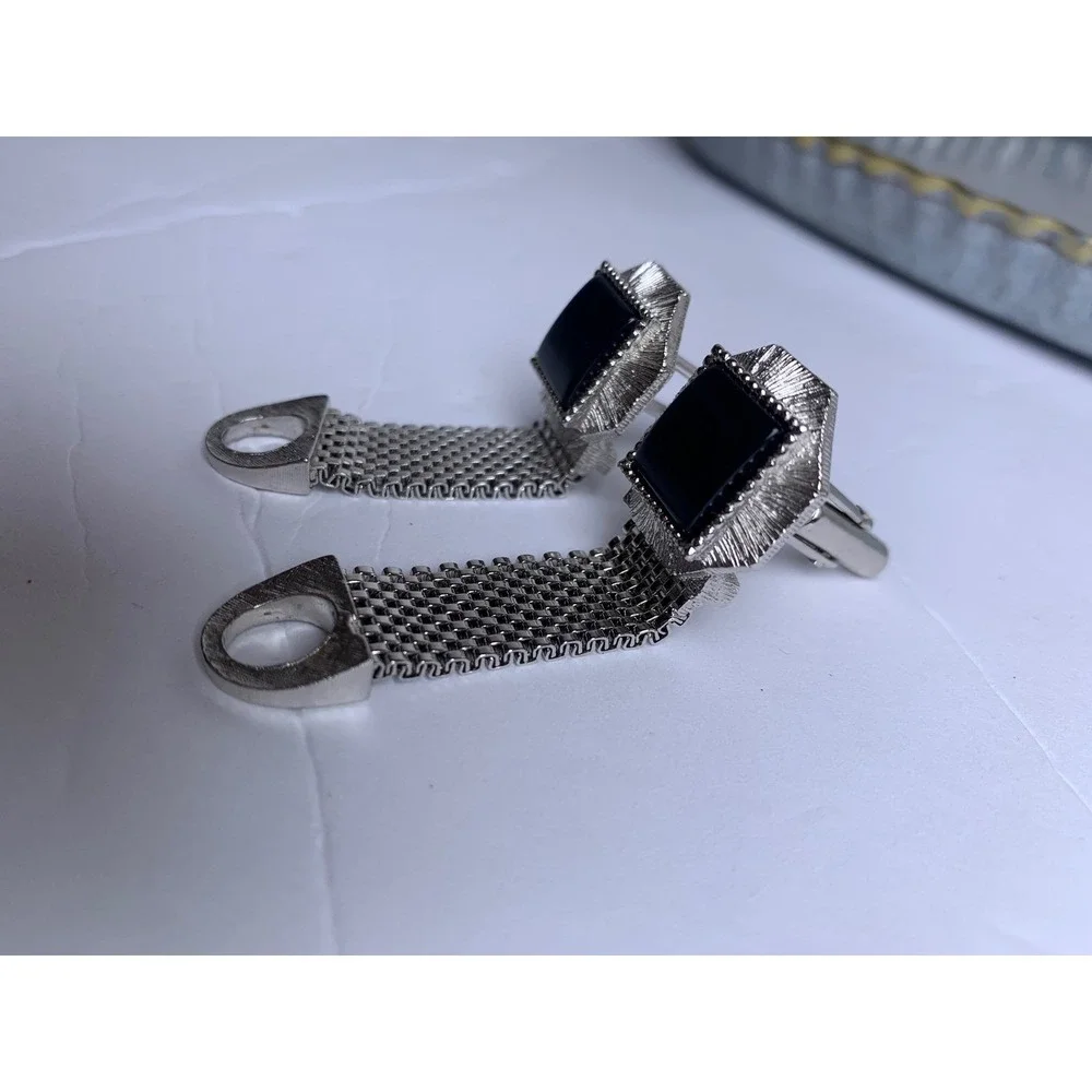 Vintage Silver Tone‎ Mesh Wrap Cufflinks Black Square Stone Mid Century Modern